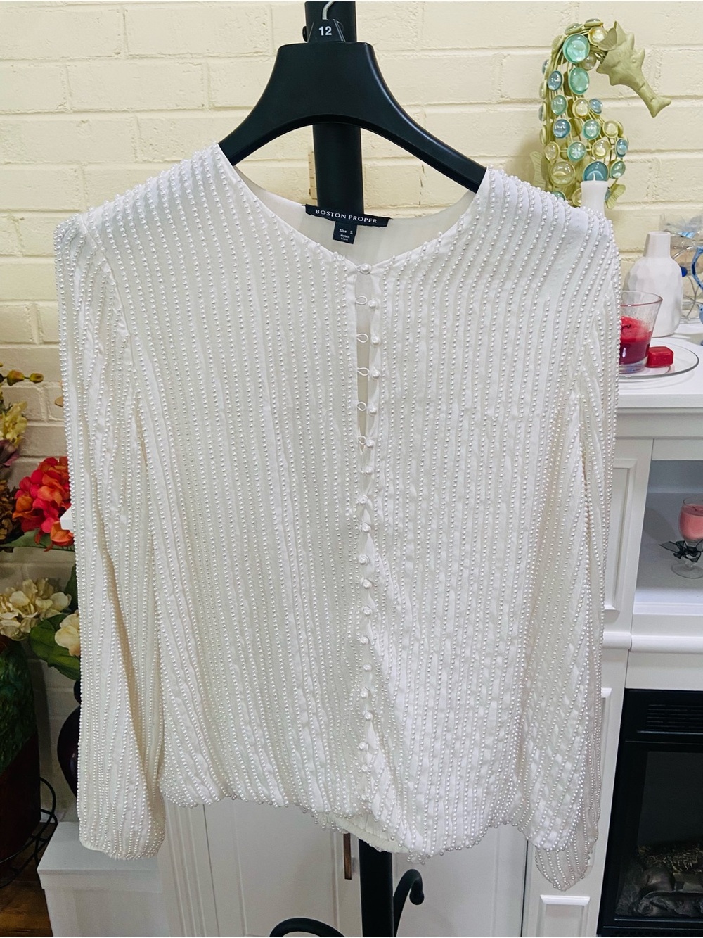 Boston Proper White Beaded Button-Front Women's Top